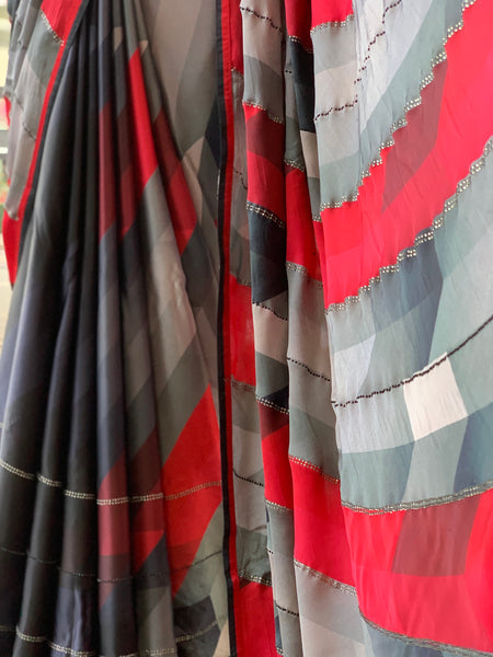 Grey & Red geometric print saree